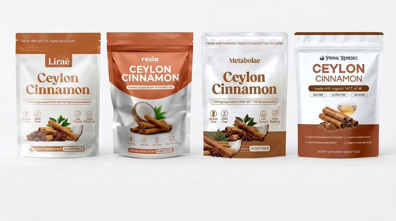 Four nearly identical Ceylon cinnamon supplement pouches side by side on white: Liraé, Resia, Metabolae and Primal Remedies