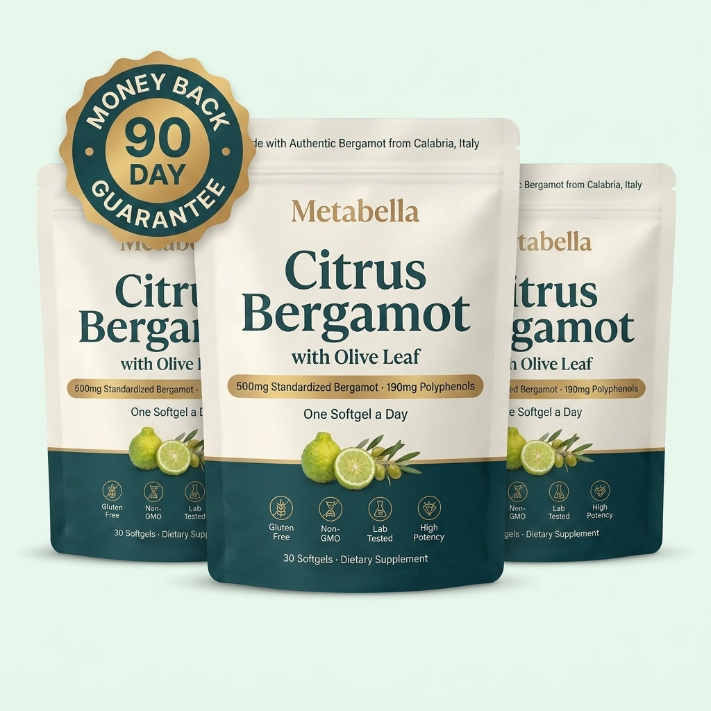Metabella Citrus Bergamot with Olive Leaf supplement pouches with 90-day money-back guarantee badge