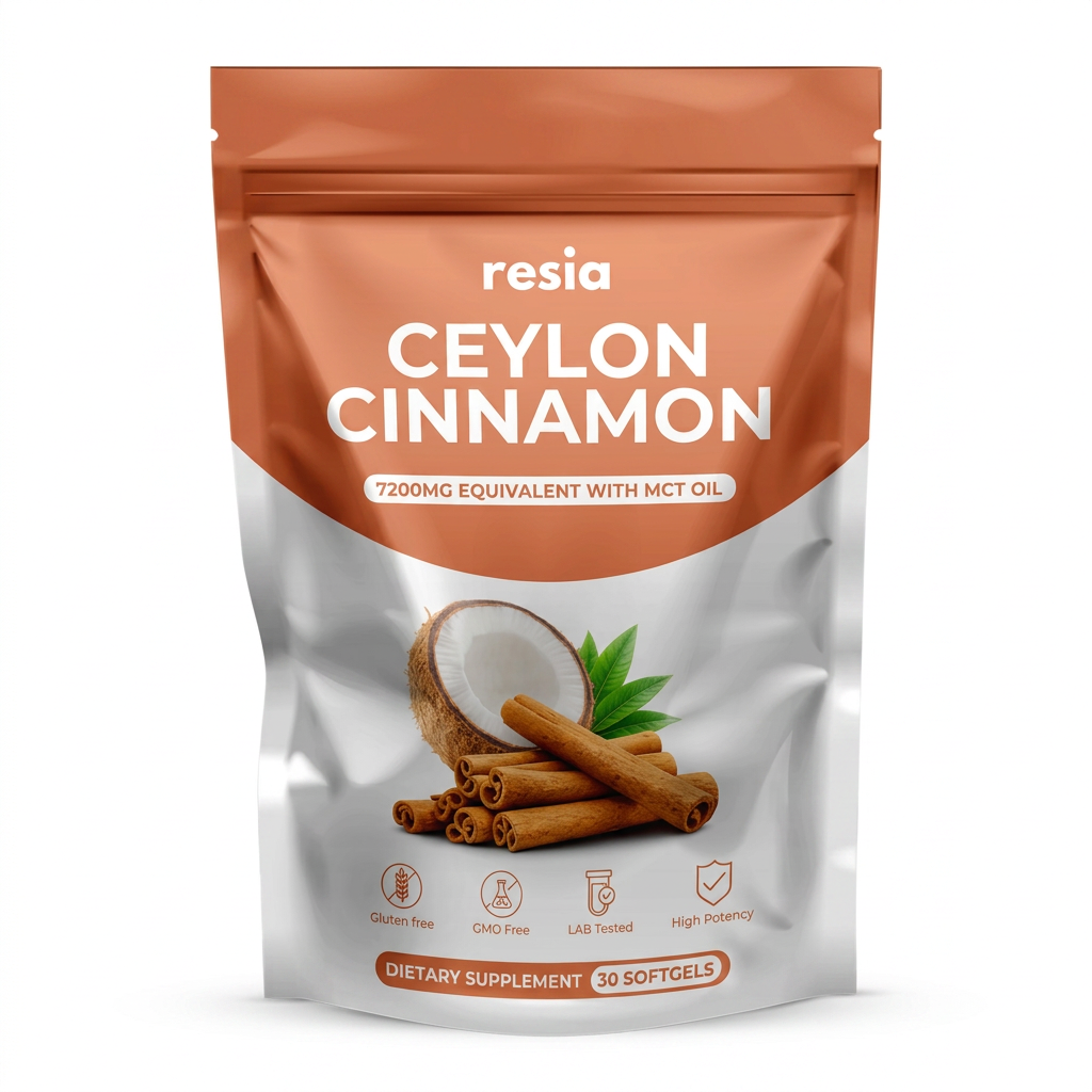 Resia Ceylon Cinnamon 7200mg Equivalent with MCT Oil supplement pouch