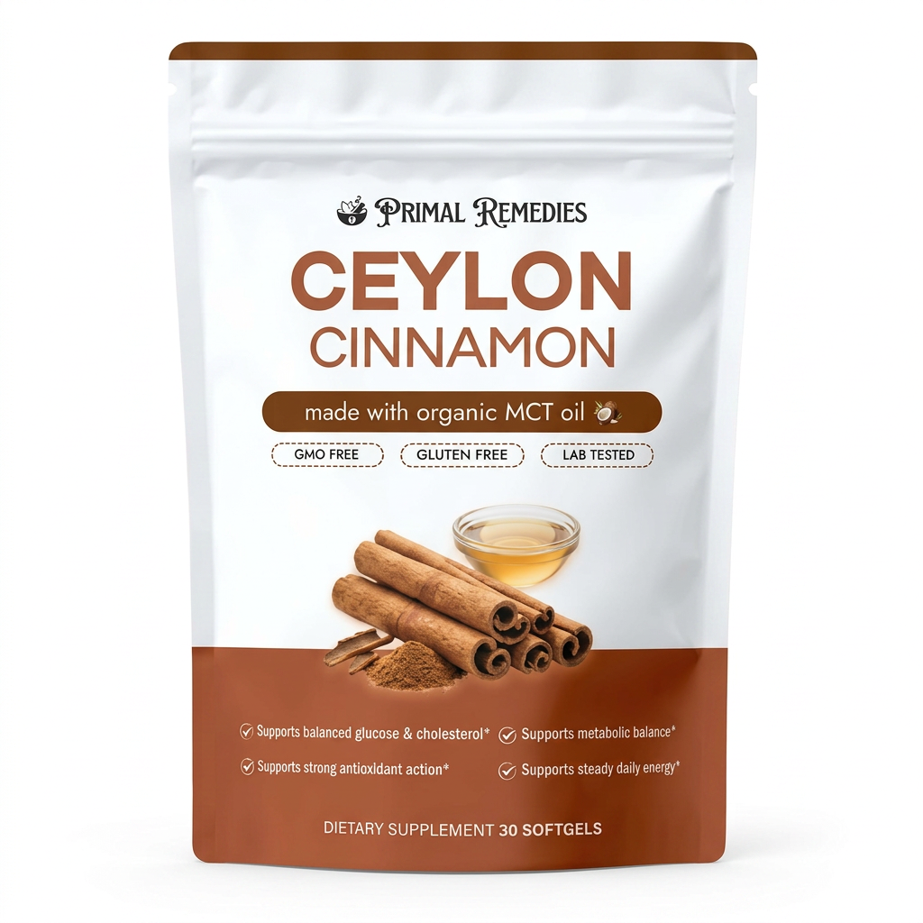 Primal Remedies Ceylon Cinnamon 7200mg supplement pouch with organic MCT oil